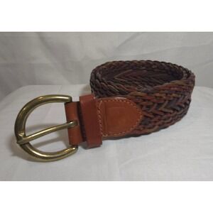Vintage Fossil BT7906 Brown Braided Woven Genuine Leather Belt Brass Buckle M